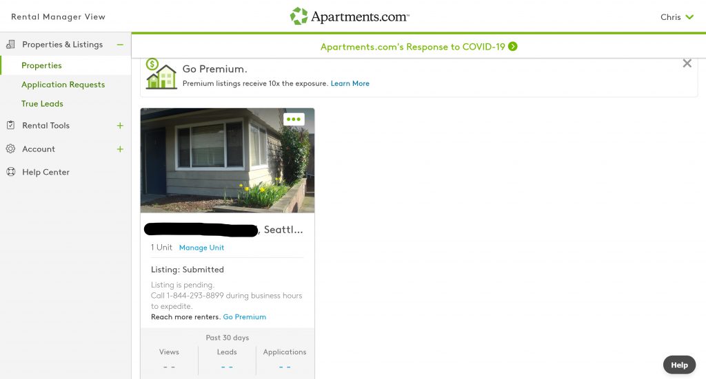 Listing status marked as pending for several days when I tried to advertise on apartments.com